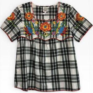 Sister Mary Embroidered Yoke Blouse Plaid Floral Boho Top Square Neck Tunic S